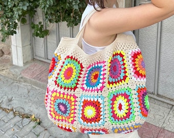 Crochet Shoulder Bag, Bohemian Style Purse, Gift for Woman Purse, Afghan Granny Bag, Vintage Bag for Mother's Day, Knitting Handle Bag