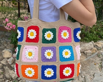 Daisy Granny Square Bag, Crochet Shoulder Bag, Cotton Handmade Colorful Bag, Floral Afghan Bag, Bohomian Bag, Floral Summer Bag