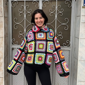 Granny Square Sweater, Oversize Cotton Sweater, Crochet Turtleneck Sweater, Cozy Rainbow Sweater, Unisex Knit Sweater, Patchwork Sweater image 1