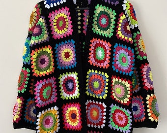 Granny Square Jacket, Afghan Crochet Cardigan, Cotton Patchwork Coat, Rainbow Boho Sweater, Handmade Knit Women Gift