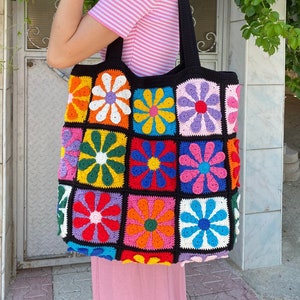 Afghan Crochet Bag, Stylish Granny Square Tote, Vintage Boho Shoulder Bag, Stylish Summer Bag, Flamboyant Hippie Style, Retro Style Handmade