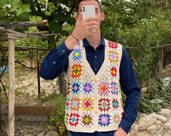 Granny Square Men Vest, Crochet Unisex Vest, Granny Square Sweater, Cotton Boho Style Vest, Men's and Women's Sweater, Afghan Handmade Vest