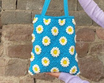 Daisy Crochet Bag, Granny Square Bag, Crochet Tote Bag, Summer Bag, Boho Bag, Flower Cotton Bag, Granny Square Shoulder Bag, Crochet Purse