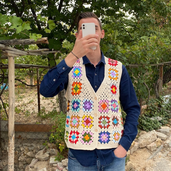 Gilet pour hommes Granny Square, Gilet unisexe au crochet, Pull Carré Granny, Pull pour hommes et femmes, Gilet afghan fait à la main