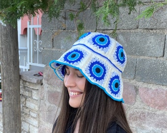 Evil Eye Bucket Hat, Granny Square Hat, Crochet Hat, Cotton Hat, Festival Hat, Bucket Hat, Crochet Sun Hat, Summer Sun Hat, Blue White Hat