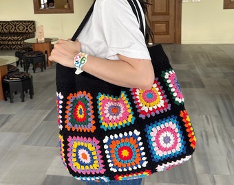 Crochet Bag, Granny Square Bag, Cotton Tote Bag, Vintage Style, Granny Shoulder Bag, Afghan Crochet Purse, Bohemian Bag, Colorful Summer Bag