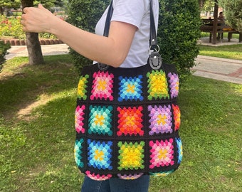 Crochet Bag, Granny Square Bag, Shoulder Purse, Afghan Bag, Mama Stuff Bag, Crochet Tote Bag, Boho Bag, Vintage Handmade Bag, Bag For Women