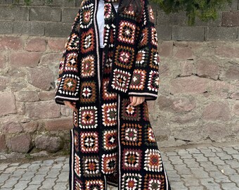 Patchwork Knitted Jacket, Granny Square Coat, Cardigan & Scarf Set, Boho Sweater, Women Handmade Cardigan, Oversized Knit Cardigan