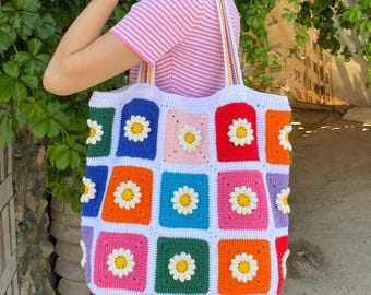Afghan Crochet Bag, Granny Square Bag, Crochet Floral Tote Bag, Summer Daisy Bag, Hippie Knit Purse, Granny Square XXL Shoulder Purse