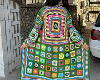 Ready To Ship Granny Square Cardigan, Green Long Knit Coat, Cotton Crochet Jacket, Unisex Afghan Sweater, Unique Handmade Rainbow Cardigan