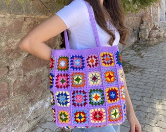 Crochet Lilac Bag, Granny Square Bag, Crochet Tote Bag, Summer Bag, Boho Bag, Vintage Style, Hippie Bag, Granny Square Shoulder Bag