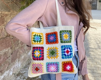 Crochet Bag, Granny Square Bag, Crochet Tote Bag, Summer Bag, Boho Bag, Vintage Style, Hippie Bag, Granny Square Shoulder Bag, Crochet Purse