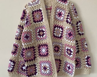 Granny Square Cardigan, Crochet Jacket, Granny Square Sweater, Afghan Cardigan, Boho Jacket, Patchwork Sweater, Ecru Cardigan, Cotton Jacket