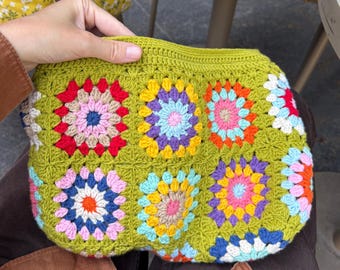 Stylish pistachio green handmade crochet clutch, Zippered knitted handbag, Colorful granny square weekend bag, Cotton summer vacation bag