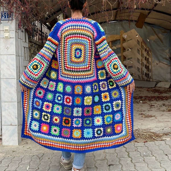 Cardigan quadrato della nonna, Cardigan in maglia blu, Cardigan afghano, Giacca Bohémien, Maglione quadrato della nonna, Giacca patchwork