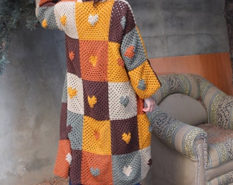 Boho Style Cardigan, Granny Square Patchwork, Handmade Afghan Sweater, Jacket with Heart Pattern