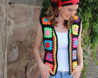 Granny Square Vest, Crochet Sweater Vest, Unique Vest, Vintage Vest, Granny Square Jacket, Afghan Vest, Boheme Festival Clothes, Crop Vest