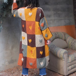 Boho Style Cardigan, Granny Square Patchwork, Handmade Afghan Sweater, Jacket with Heart Pattern