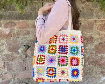 Granny Square Ecru Bag, Crochet Tote Bag, Crochet Bag, Summer Bag, Boho Bag, Vintage Style, Hippie Bag, Granny Square Shoulder Bag, Gift