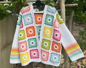 Ready To Ship - Granny Square Daisy Cardigan, Afghan Flower Sweater, Granny Square Jacket, Knit Afghan Crochet Cardigan, Patchwork Jacket