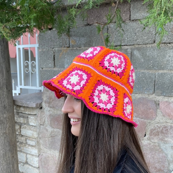 Chapeau carré de grand-mère, Chapeau rose orange, chapeau de seau coloré, chapeau au Crochet arc-en-ciel, chapeau de soleil au Crochet