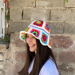 Granny Square Hat, Colorful Bucket Hat, Crochet Hat, Festival Hat, Bucket Hat, Crochet Sun Hat, Summer Sun Hat, Rainbow Crochet Hat, Gift image 2