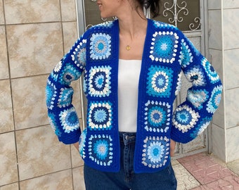 Afghan Style Coat Vintage Cardigan, Women's Hand Knit Hippie Cardigan, Granny Square Bohemian Crop Sweater, Summer Beach Jacket