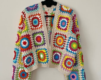 Bohemian Hippie Cardigan Crop Jacket, Colorful Handknit Afghan Style Coat, Summer Cardigan for Beach, Knitted Sweater, Boho Crochet Clothing