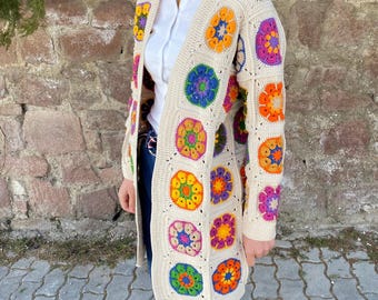 Granny Square Afghan Floral Cardigan, Crochet Cotton Cardigan, Granny Square Jacket, Boho Unique Cardigan, Handknitted Handmade Fall Fashion