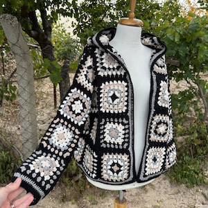 Knit Sweater for Women - Oversized Long Sleeve Cardigan, Granny Square Coat, Patchwork Jacket