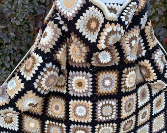 Black Hooded Granny Square Cardigan, Oversized Retro Long Sweater, Afghan Coat, Hippie Sweater