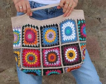 Crochet Boho Bag, Granny Square Shoulder Bag, Colorful Hippie Design, Bohemian Retro Purse, Handmade Cotton Summer Bag, Knitted Vintage Bag