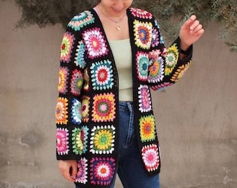 Afghan Crochet Coat, Granny Square Cardigan, Boho Multicolor Handknitted, Colorful Handmade Sweater, Women's Hippie Vintage Cotton Patchwork