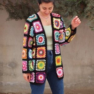 Afghan Crochet Coat, Granny Square Cardigan, Boho Multicolor Handknitted, Colorful Handmade Sweater, Women's Hippie Vintage Cotton Patchwork