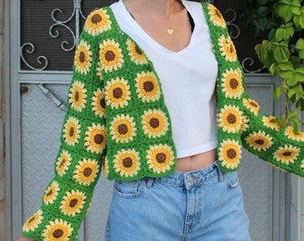 Granny Square Sunflower Cardigan, Patchwork Cardigan, Afghan Sweater, Crochet Afghan Jacket, Bohemian Jacket, Boho Cardigan, Hippie Coat