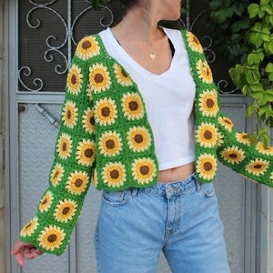 Granny Square Sunflower Cardigan, Patchwork Cardigan, Afghan Sweater, Crochet Afghan Jacket, Bohemian Jacket, Boho Cardigan, Hippie Coat