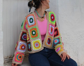 Granny Square Coat, Crochet Afghan Cardigan, Granny Square Jacket, Afghan Coat, Boho Cardigan, Cropped Jacket, Patchwork Cardigan