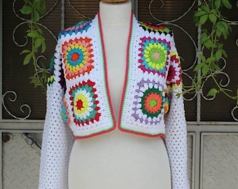 Granny Square Cardigan, Afghan Sweater, Granny Square Vest, Bohemian Coat, Boho Style Cardigan, Granny Square Cropped, Patchwork Cardigan