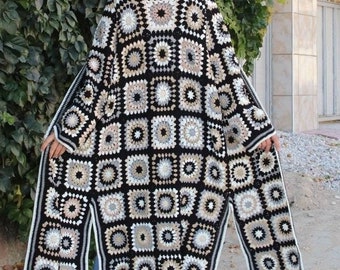 Crochet Granny Square Cardigan, Boho Afghan Knit Coat, Black&White Long Unique Jacket, Slit Knit Winter Cardigan, Natural Sweater for Fall