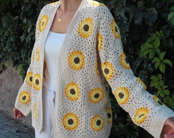 Granny Square Cardigan, Sunflower Cardigan, Afghan Crochet Cardigan, Granny Square Jacket, Afghan Coat, Boho Cardigan, Patchwork Jacket