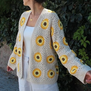 Granny Square Cardigan, Sunflower Cardigan, Afghan Crochet Cardigan, Granny Square Jacket, Afghan Coat, Boho Cardigan, Patchwork Jacket