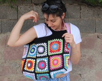 Crochet Bag, Granny Square Bag, Afghan Bag, Hobo Bag, Hippie Bag, Crochet tote Bag, Retro Bag, Vintage Style, Beach Bag, Crochet Purse