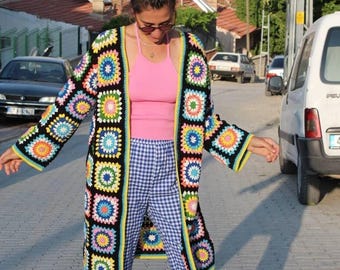 Granny Square Cardigan, Crochet Uniquely Sweater, Afghan Handmade Jacket, Granny Square Coat, Neon Colored Boho Cardigan, Chic Knitwear