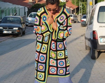 Granny Square Cardigan, Crochet Cardigan, Afghan Crochet, Granny Square Coat, Boho Cardigan, Granny Square Sweater, Long Granny Square Coat