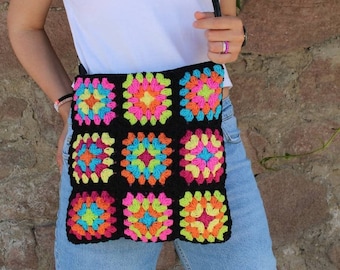 Crochet Bag, Granny Square Bag, Crochet Purse, Boho Bag, Crochet Tote Bag, Hippie Bag, Vintage Style, Granny Square Crochet Bag, Retro Bag