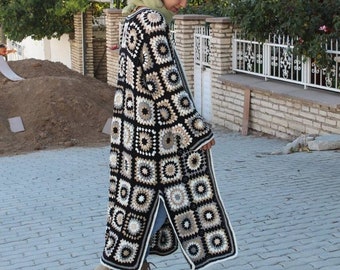 Crochet Cardigan, Granny Square Cardigan, Afghan Crochet, Long Granny Square Coat, Granny Square Coat, Boho Jacket, Granny Square Sweater