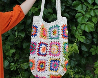 Hippie Shoulder Bag, Large Bohemian Multi-colored Granny Square, Vintage-style Handmade Afghan Crochet Tote, Retro Beach Bag.