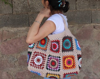 Crochet Bag, Granny Square Bag, Crochet Tote Bag, Beach Bag, Summer Bag, Boho Bag, Vintage Style, Hippie Bag, Retro Bag, Shoulder Bag