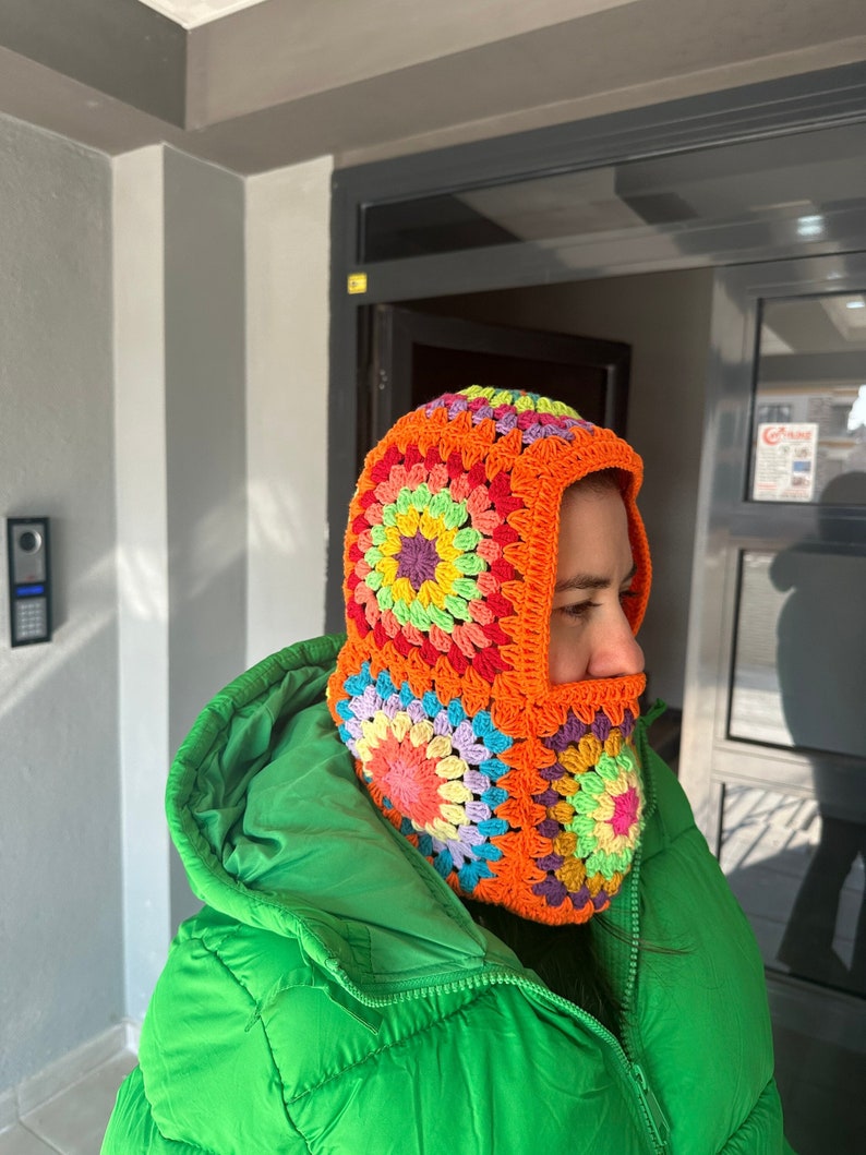 Granny Chic Crochet Balaclava Handmade Winter Hat with Afghan Blanket Design image 2