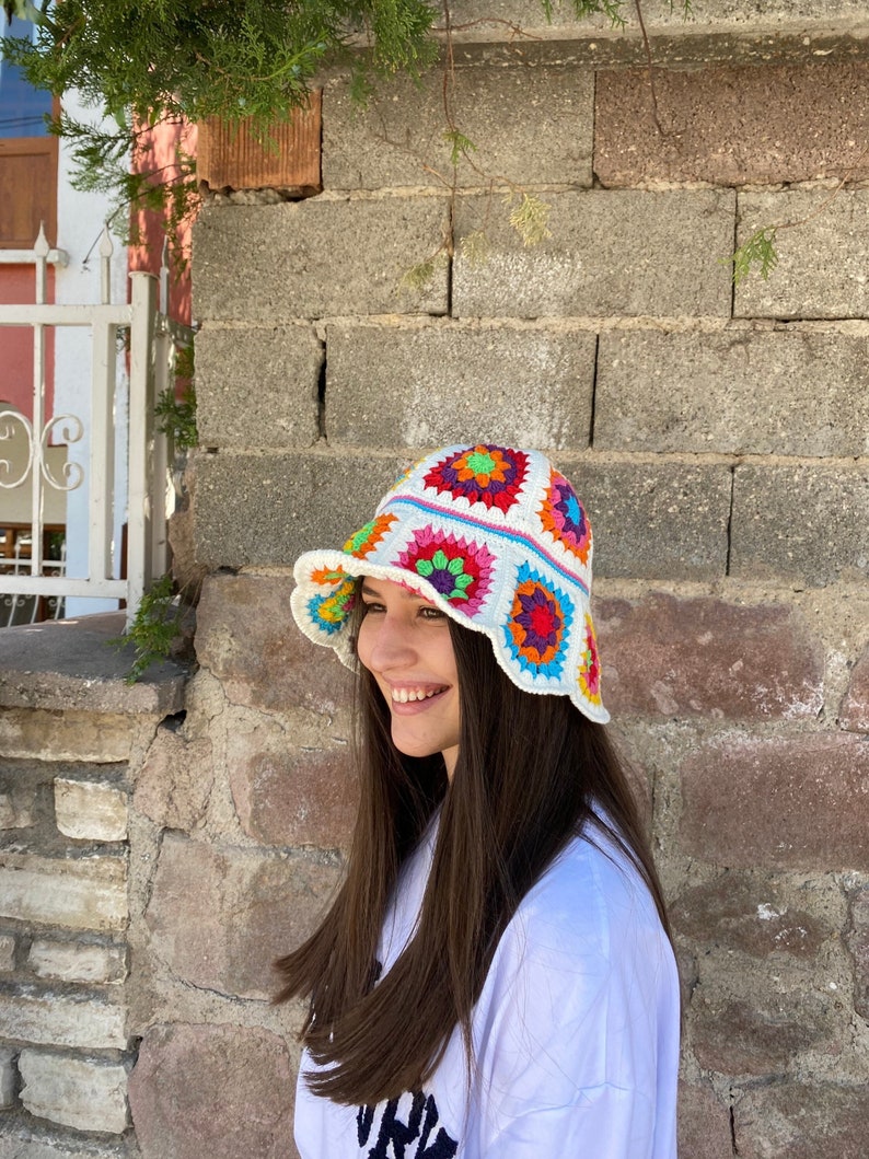 Granny Square Hat, Colorful Bucket Hat, Crochet Hat, Festival Hat, Bucket Hat, Crochet Sun Hat, Summer Sun Hat, Rainbow Crochet Hat, Gift image 2